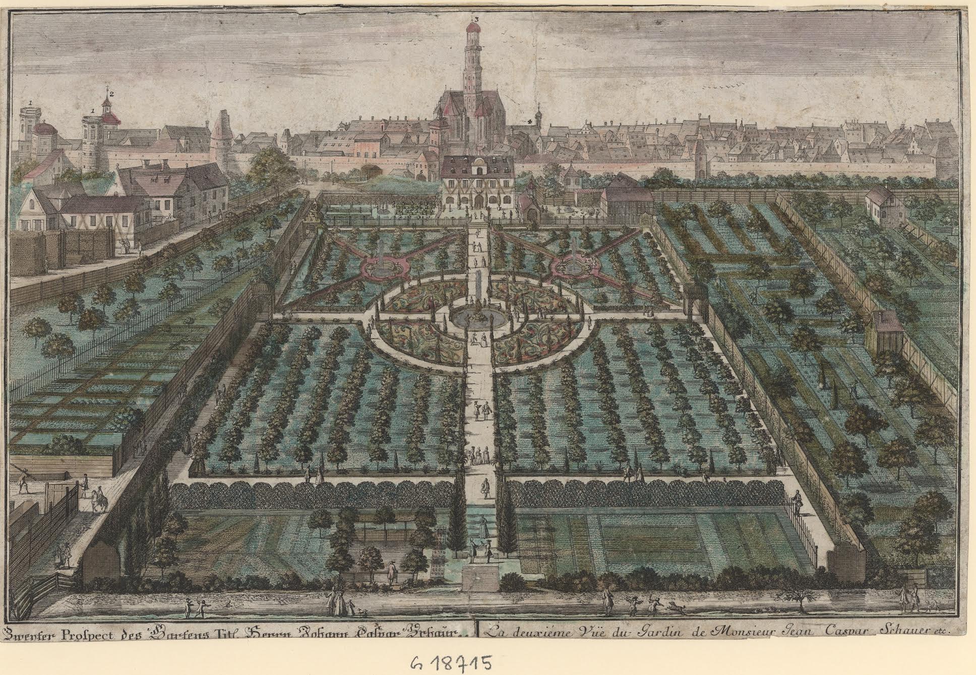 kabinett Foto: Carl Remshart (1678–1735): Schauerscher Garten nach Westen, Kolorierter Kupferstich. (c) Städtische Kunstsammlungen